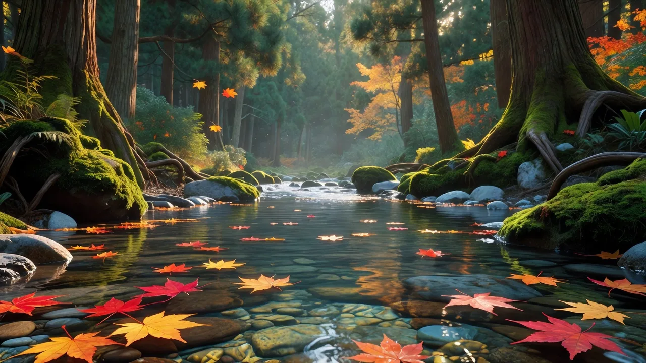 穏やかな流れに浮かぶ紅葉