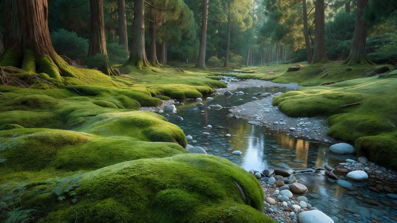 豊かな苔の絨毯に覆われた渓流の小石