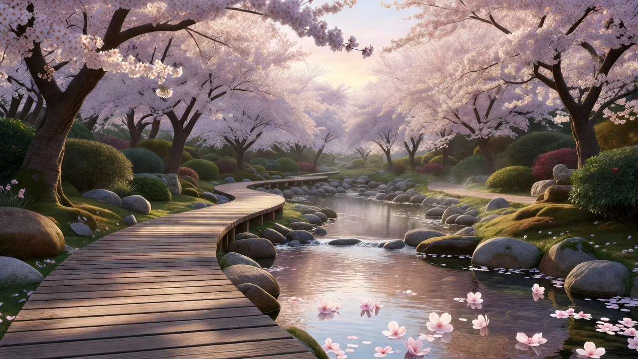桜の花咲く渓流沿いの木製小径