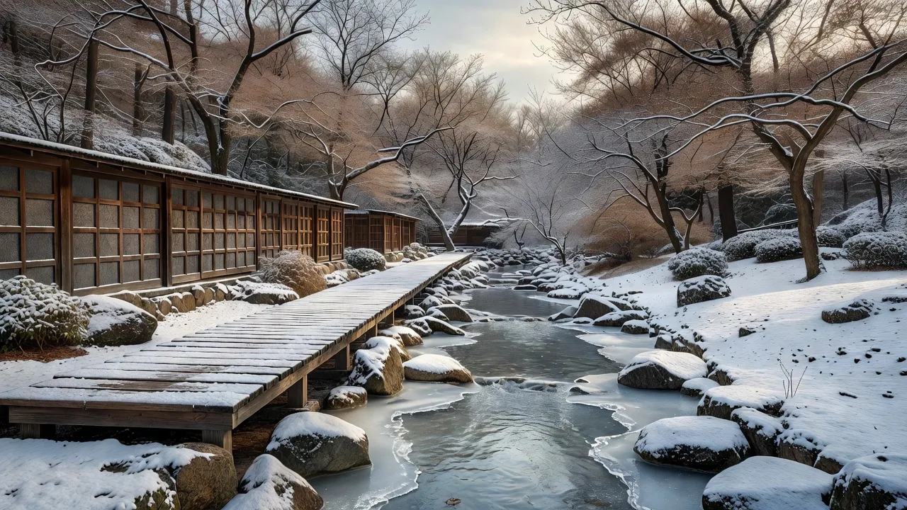 雪に覆われた森の渓流沿いの木道